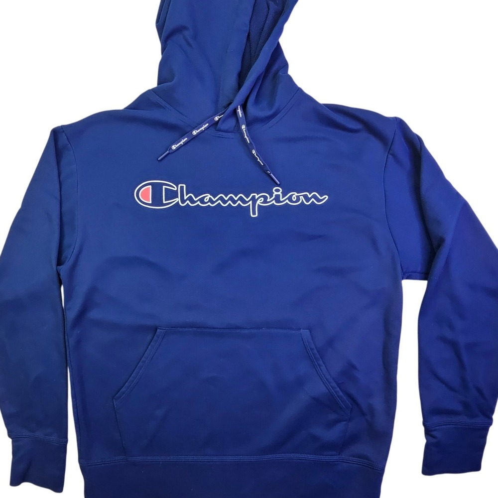 Champion Navy Blue Script Logo Hoodie Hooded Sweatshirt Men's
